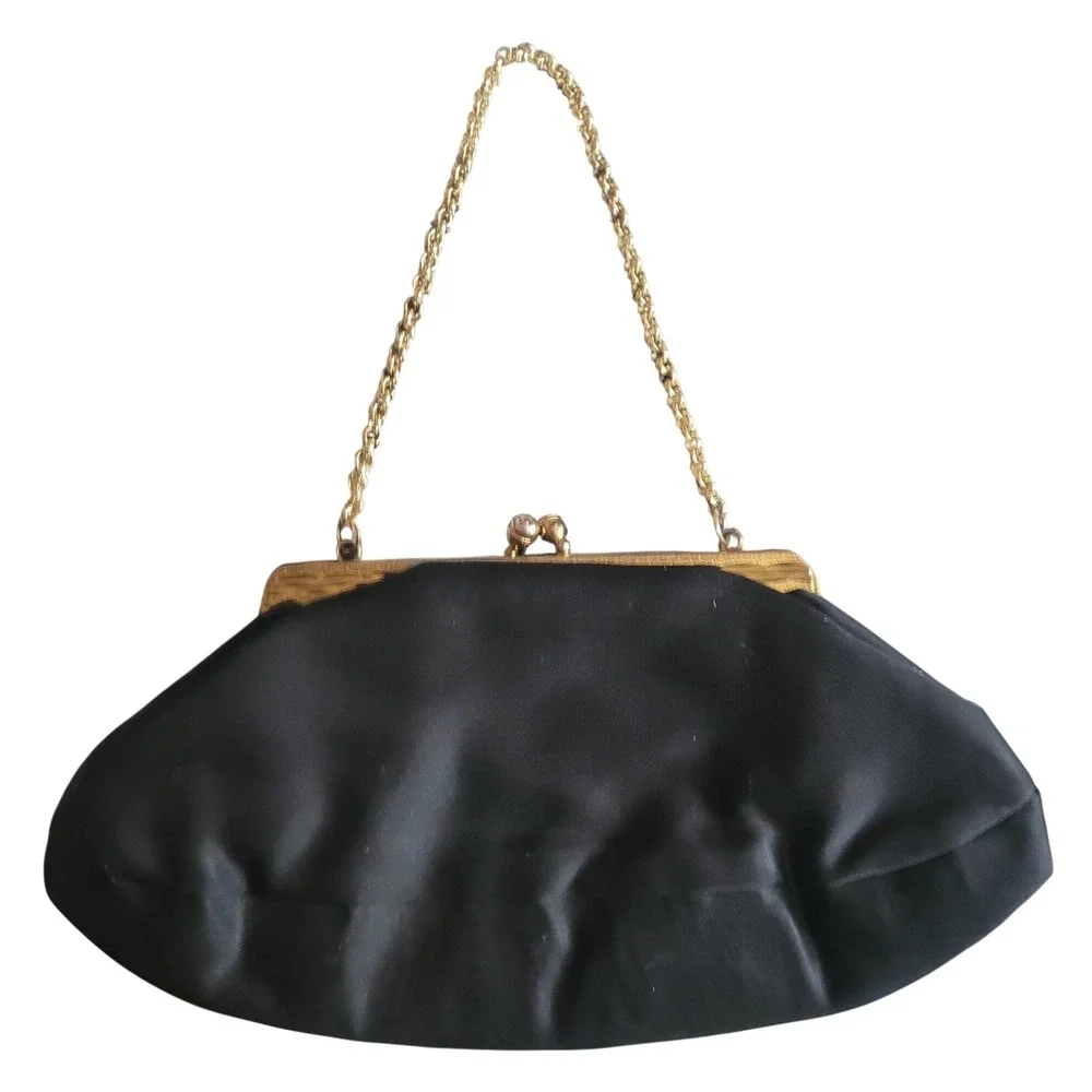 Vintage CFR England Black Satin Evening Clutch Gold Chain Kiss Lock Bag Evening‎